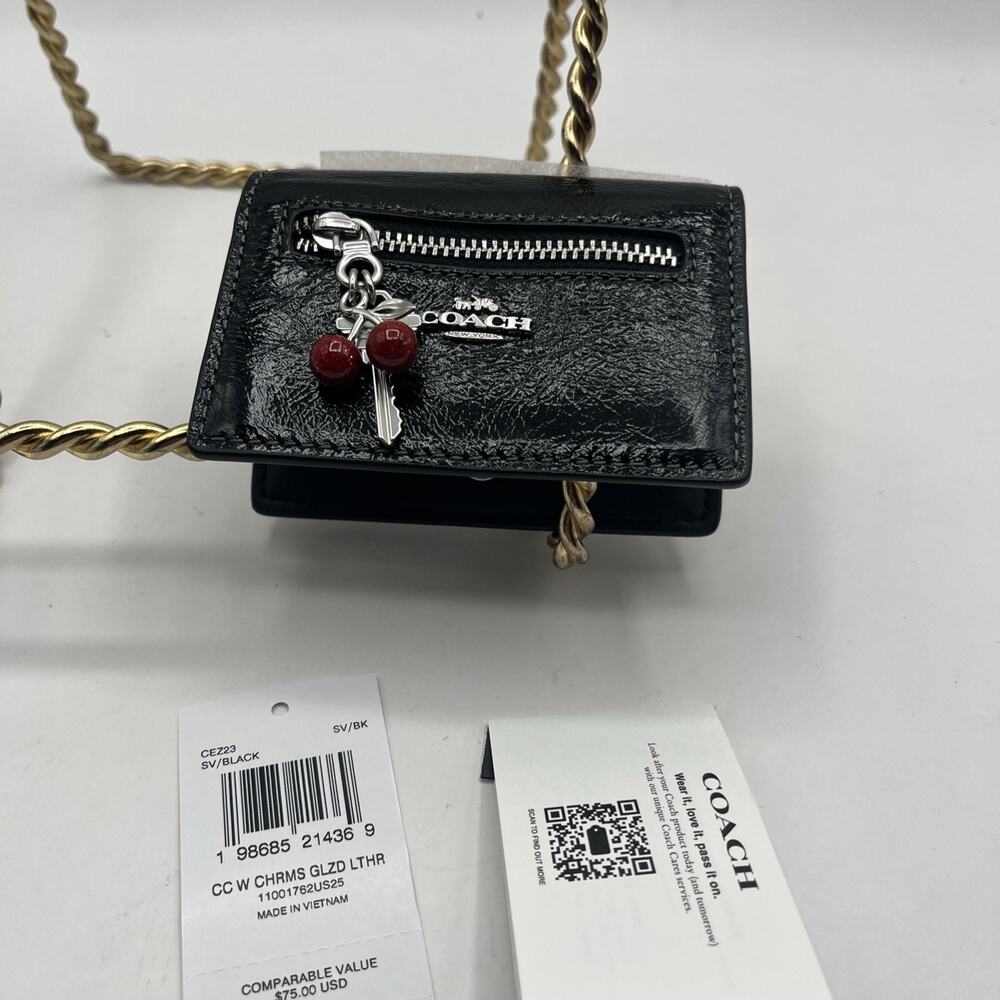 Coach CEZ23 Black Leather Wallet Cherry Charm Key Credit Card Holder Case NWT